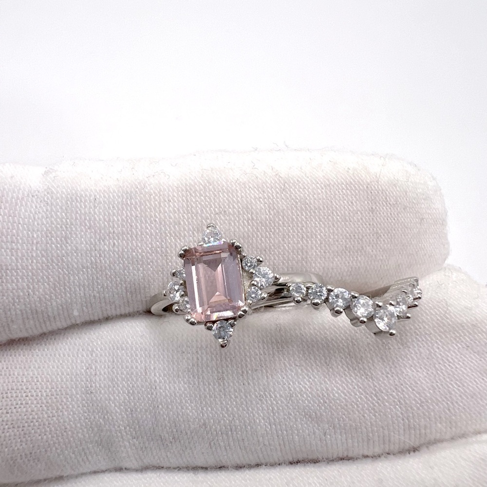 .925 Sterling Silver Light Morganite Cz & Clear Cz 2 PC Ring Set - Picture 14 of 17